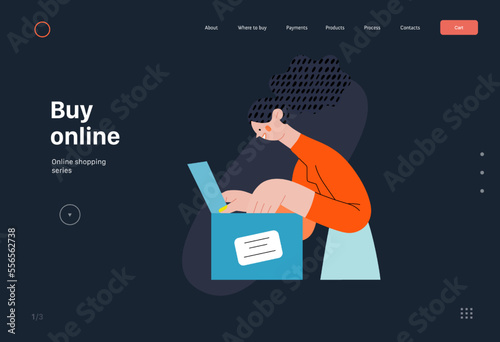 Buy online - Online shopping and electronic commerce series - modern flat vector concept illustration of a woman unpacking a parcel box. Delivery, discounts, sale and online orders concept