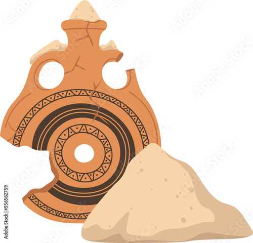 Broken ancient pottery with sand flat icon