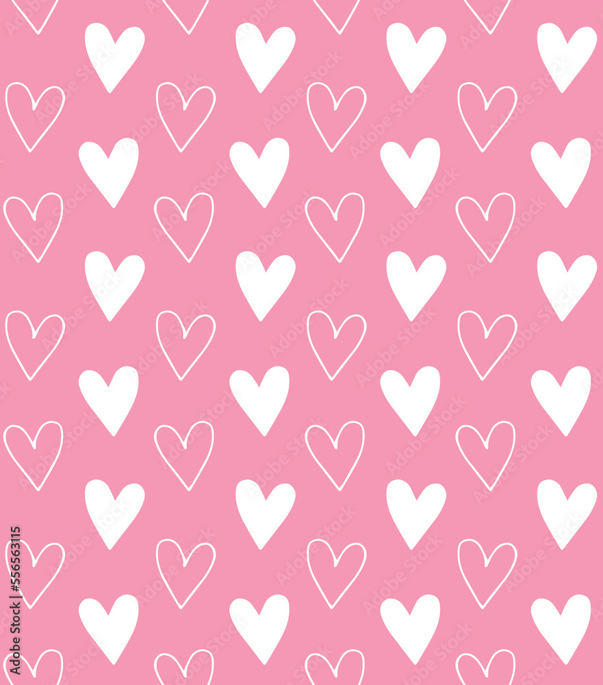 Vector seamless pattern of hand drawn flat hearts isolated on pink background
