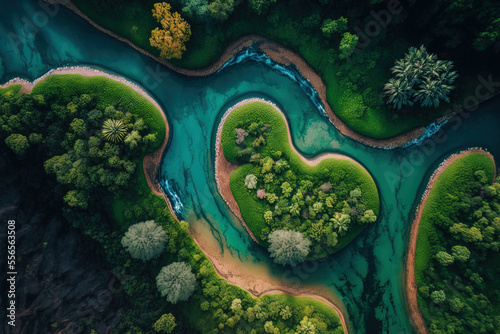 Canvas Print Aerial view drone photo shows a river in Southeast Asia with a lush tropical vegetation and mountains in the distance