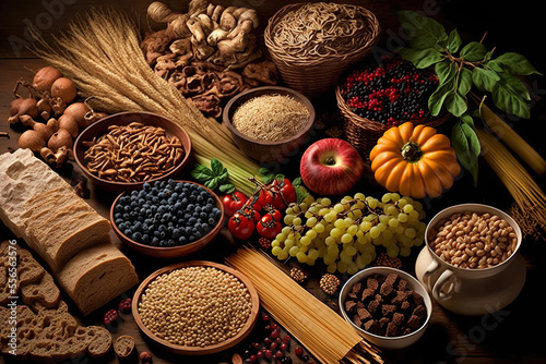 Foods rich in fiber include fruit, vegetables, whole wheat bread, pasta, nuts, legumes, grains, and cereals for a balanced diet. high in vitamins, omega 3 fatty acids, anthocyanins, and antioxidants photo