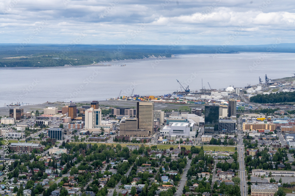 Downtown Anchorage, Alaska with buildings and Cook Inlet.