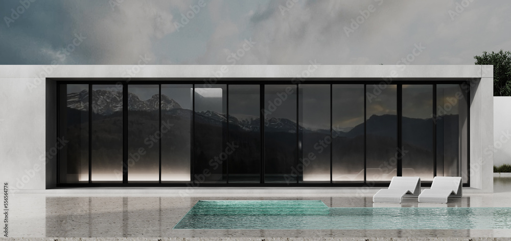 Exterior of modern building, house exterior design in the mountains with swimming pool 3D Rendering