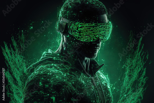 a Caucasian man is seen in two different perspectives while using virtual reality With green lines of code, it appears as though a gamer or hacker is breaking into a secure network or server