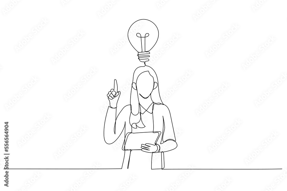 Illustration of astonish businesswoman finally found a solution how to make exercise having raised pen and notebook in hands. One continuous line art style Illustration of astonish businesswoman finally found a solution how to make exercise having raised pen and notebook in hands. One continuous line art style