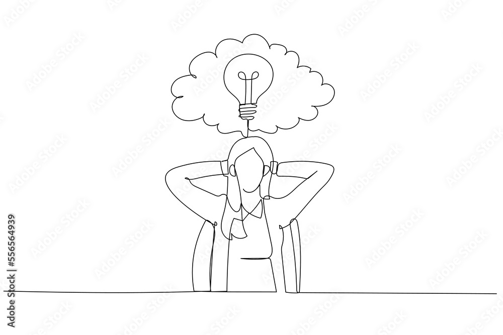 Illustration of businesswoman sitting in office chair in front of a wall with cloud thought. Continuous line art Illustration of businesswoman sitting in office chair in front of a wall with cloud thought. Continuous line art