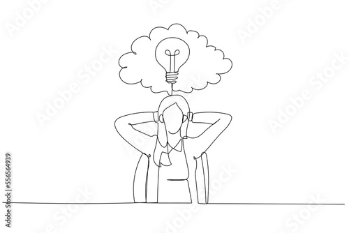 Illustration of businesswoman sitting in office chair in front of a wall with cloud thought. Continuous line art