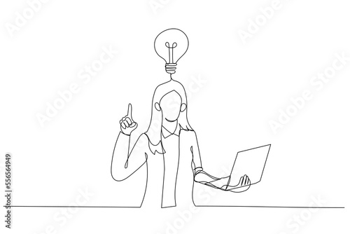 Drawing of astonished businesswoman direct finger up find out solution. Single continuous line art