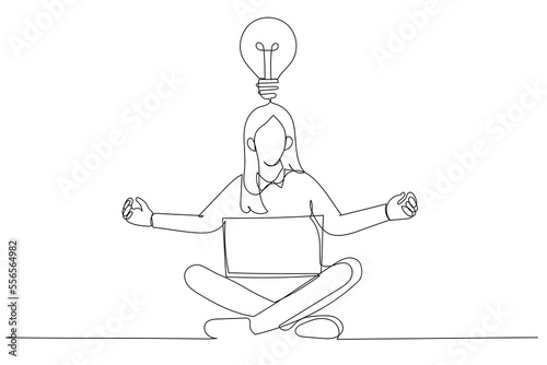 Drawing of yoga businesswoman in total concentration with laptop. Single line art style