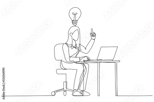 Cartoon of happy businesswoman working at his desk and creating a lot of idea bulbs. Single continuous line art style