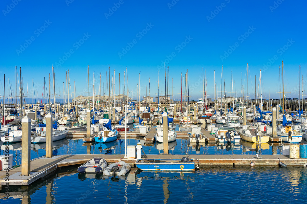 Scenic view of boats at the marina in Monterey, California