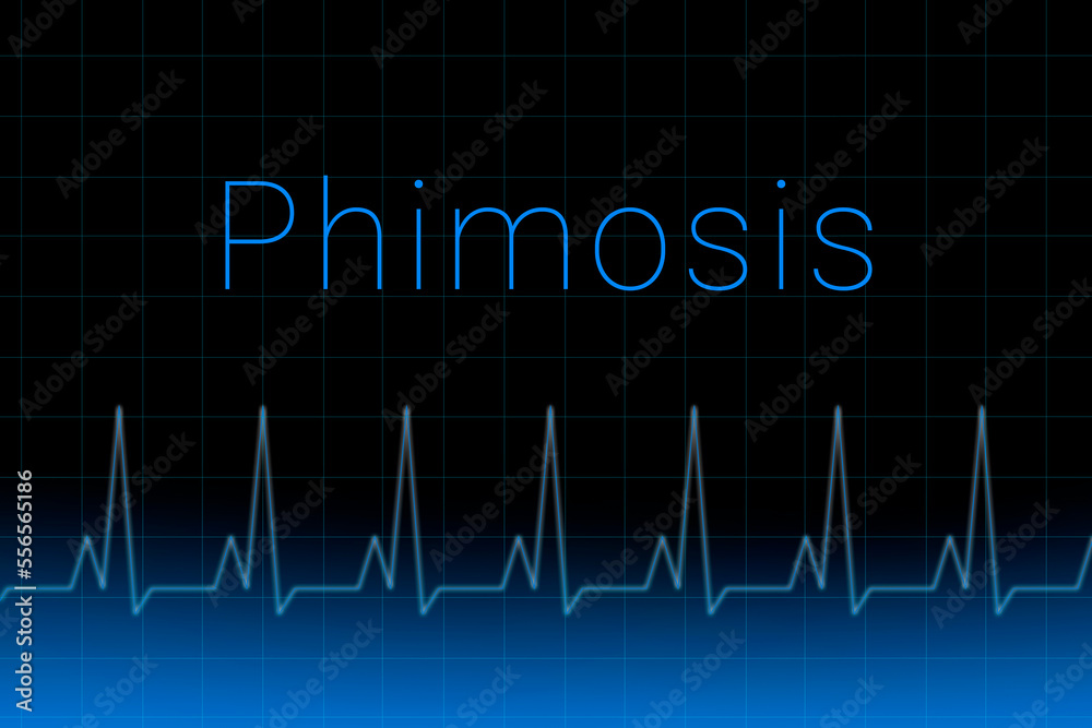 Phimosis disease. Phimosis logo on a dark background. Heartbeat line as a symbol of human disease. Concept Medication for disease Phimosis.