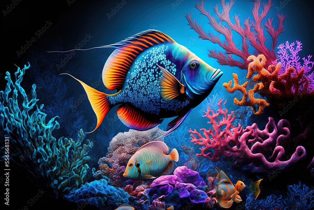 fish on a coral reef with a variety of colors. Generative AI