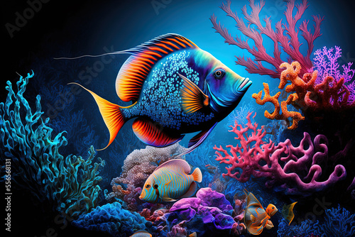fish on a coral reef with a variety of colors. Generative AI