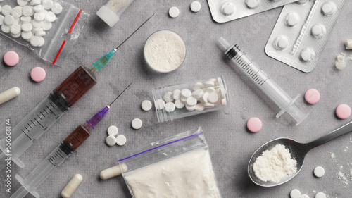 Fényképezés Different hard drugs on grey table, flat lay