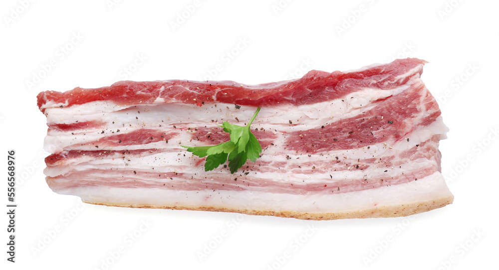 Slice of tasty pork fatback with spices and parsley isolated on white, top view Slice of tasty pork fatback with spices and parsley isolated on white, top view