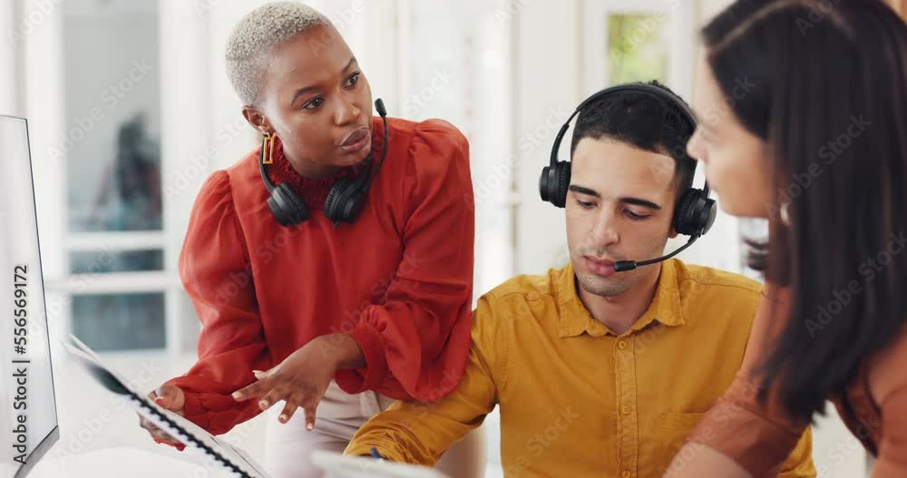 Woman, leadership and telemarketing team training with tablet, consultant documents and customer support consulting. Diversity, teamwork coaching and conversation in call center for crm management
