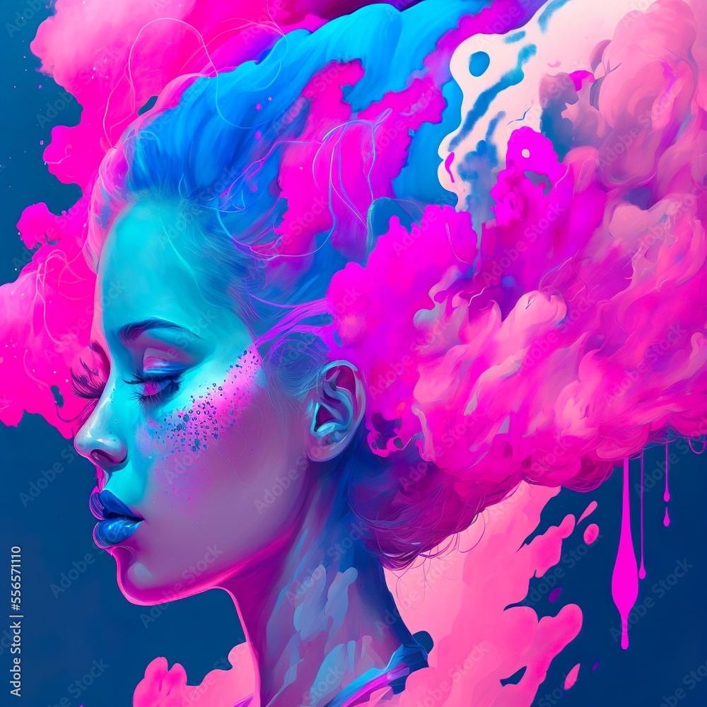 Tranquil woman portrait in blue and pink (ai generated)