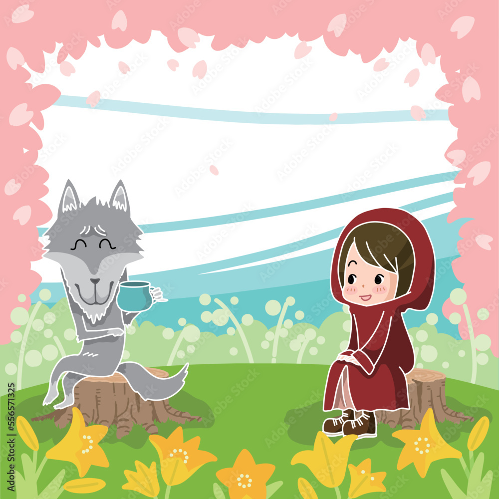 Fototapeta premium 桜満開の春の草原で談笑する赤ずきんとオオカミ