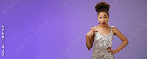 Insulted shocked concerned african-american woman complaining look offended pointing herself frustrated questioned look camera talking you standing shocked worried pose blue background