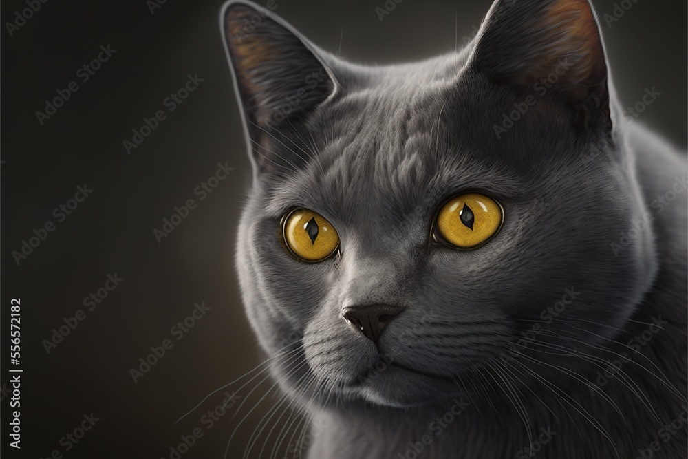 Gray cat or kitty with beautiful yellow eyes color spot on grey monochrome background