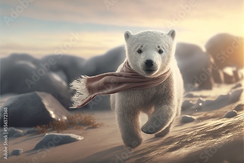 Polar bear cub with red, white scarf running in beautiful winter landscape at golden hour in sunlight, wildlife in arctic environment