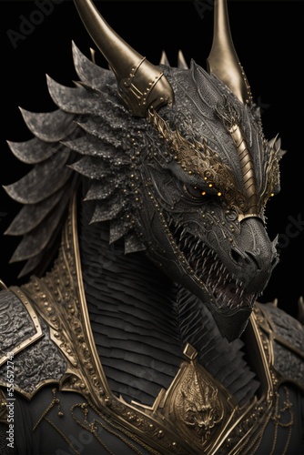 Black dragon in black armor with gold ornamets  super detailed fantasy character front view on black background nft style fictional being or creature