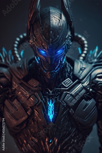 Alien in high tech black armor with blue lightning or technology front view portrait with incredible details on dark background