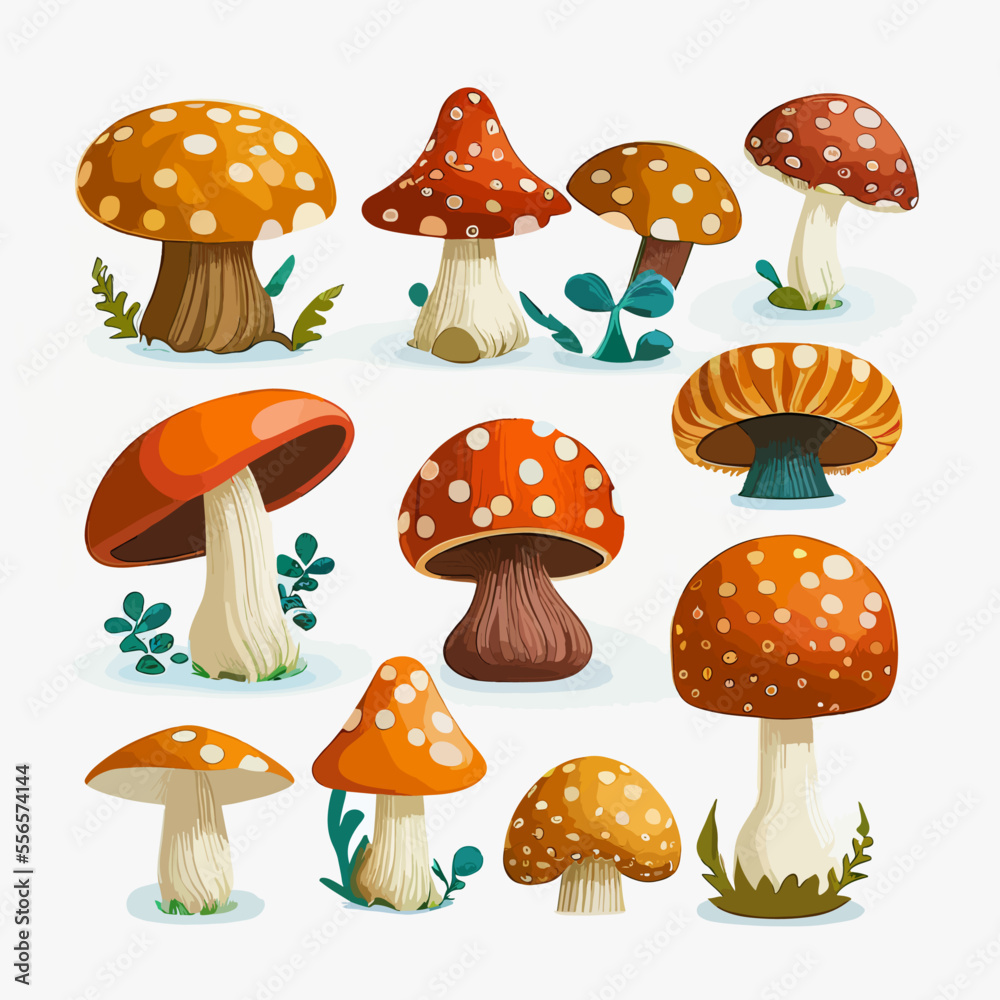 Cartoon mushrooms. Vector illustration, print for background, print on fabric, paper, wallpaper, packaging.