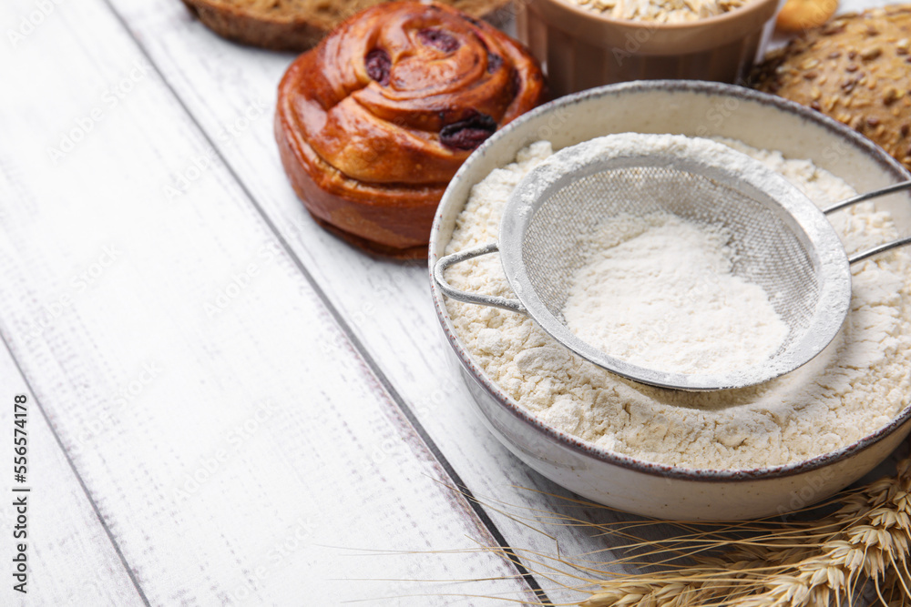Different gluten free products on white wooden table, closeup. Space for text Different gluten free products on white wooden table, closeup. Space for text