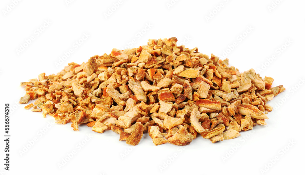 Pile of dried orange zest seasoning isolated on white Pile of dried orange zest seasoning isolated on white