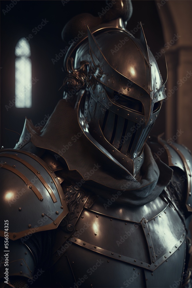 Medieval warrior covered in ornated and detailed metal armor isolated in a dark scene front view dramatic portrait Medieval warrior covered in ornated and detailed metal armor isolated in a dark scene front view dramatic portrait