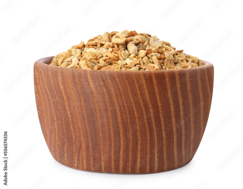 Bowl of dried orange zest seasoning isolated on white Bowl of dried orange zest seasoning isolated on white