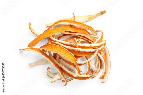 Pile of dry orange peels on white background  top view