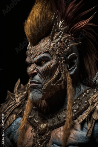 Troll in tribal ornated armor, traditional fantasy warrior with battle horns in a portrait on dark background