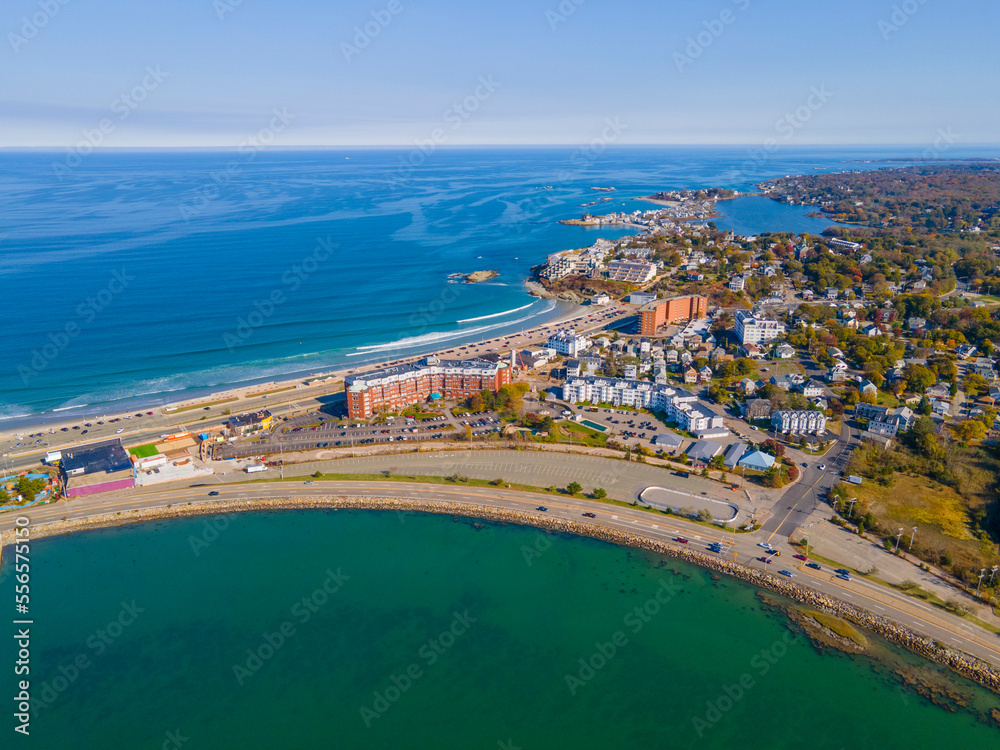 Nantasket Beach, Weir River and Hingham Bay aeral view with fall foliage in town of Hull, Massachusetts MA, USA.