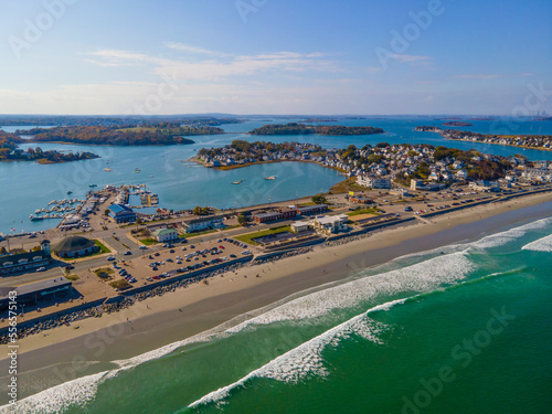 Nantasket Beach, Weir River and Hingham Bay aeral view with fall foliage in town of Hull, Massachusetts MA, USA.