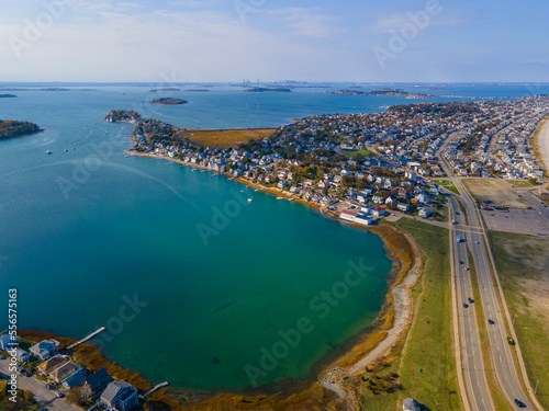 Nantasket Beach, Weir River and Hingham Bay aeral view with fall foliage in town of Hull, Massachusetts MA, USA.