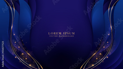 Luxury gold line with blue curve, shiny dots effect and bokeh decoration. Elegant style vector design background