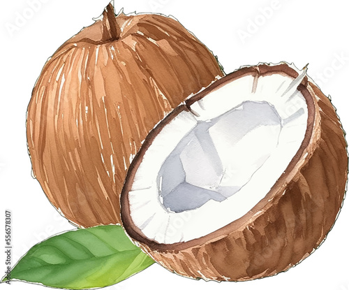 coconut hand drawn with watercolor painting style illustration