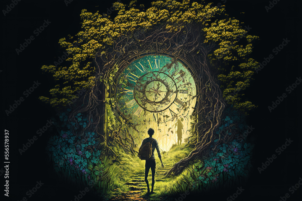 A young person wanders through an ancient labyrinth overgrown with moss