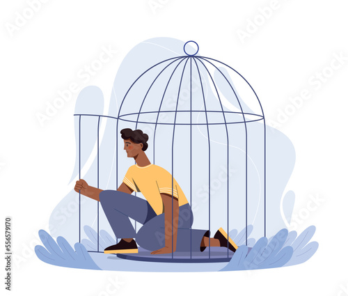 Man leaving birdcage. Young guy opens cell door and leaves. Inner prisoner, psychological problems and mental health disorder. depression and loneliness metaphor. Cartoon flat vector illustration
