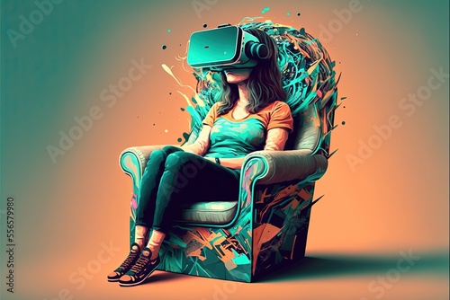 girl sitting on an armchair wearing a virtual reality headset generative ai