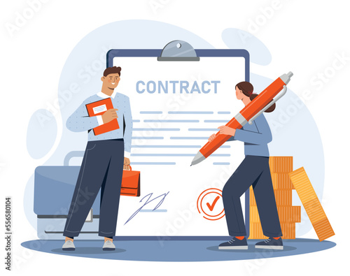 People signing contract. Man and woman with big pen near document, metaphor for successful negotiations. Entrepreneur and investor. Poster or banner for website. Cartoon flat vector illustration