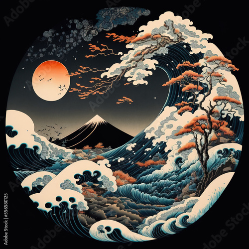 The great wave off kanagawa painting reproduction. Japanese style. Ukiyo-e style painting of the null void changing. Generative AI photo