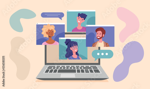 Communicate online concept. Characters on laptop screen, videoco conference or call, interaction on Internet and social networks. Friends or remote employees. Cartoon flat vector illustration