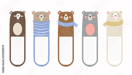 Kawaii bookmarks with animals set. Collection of graphic elements for website. Place for taking notes and organizing educational process. Cartoon flat vector illustrations isolated on white background