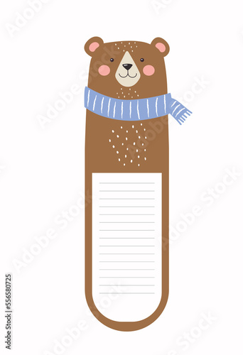 Kawaii bookmark with bear. Brown forest dweller with blue scarf. Education, training and learning, space for notes and scheduling. Poster or banner for website. Cartoon flat vector illustration
