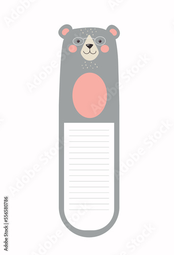 Kawaii bookmark with bear. Charming and adorable gray character. Animal, forest dweller and fauna. Toy or mascot for children. Wild life, mammal and predator. Cartoon flat vector illustration