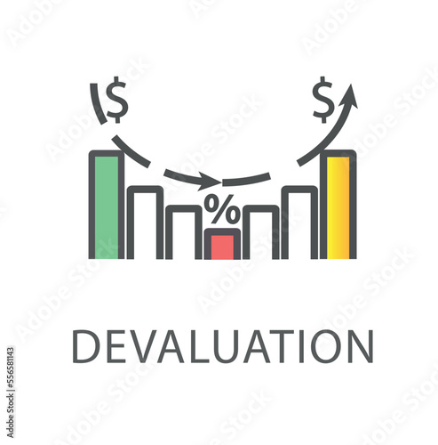 Devaluation line icon.Falling graph, financial crisis and bankruptcy. Problems in business and investing, trading and analytics. Poster or banner for website. Cartoon flat vector illustration